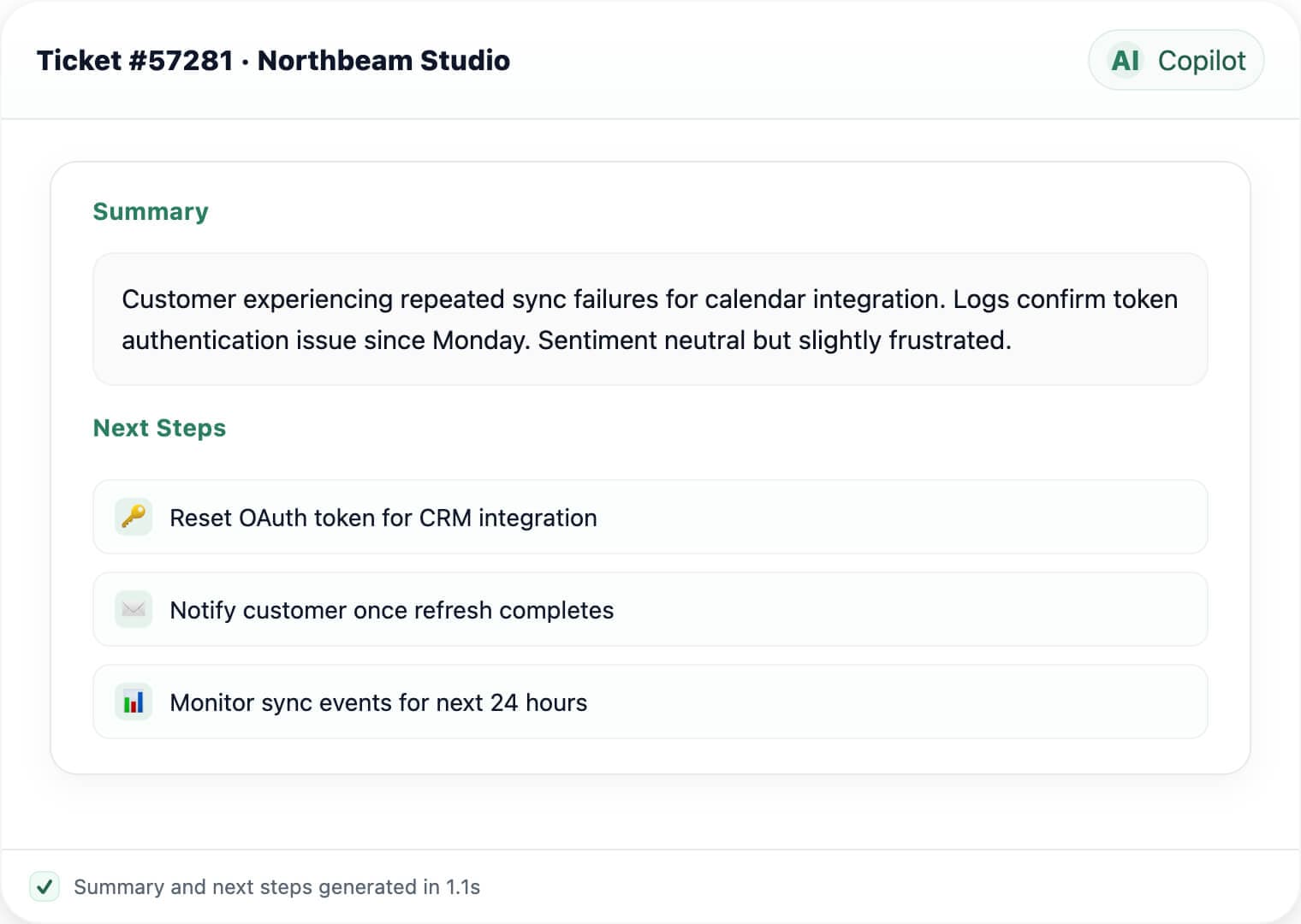 Thread summary card with blockers, sentiment, and recommended actions