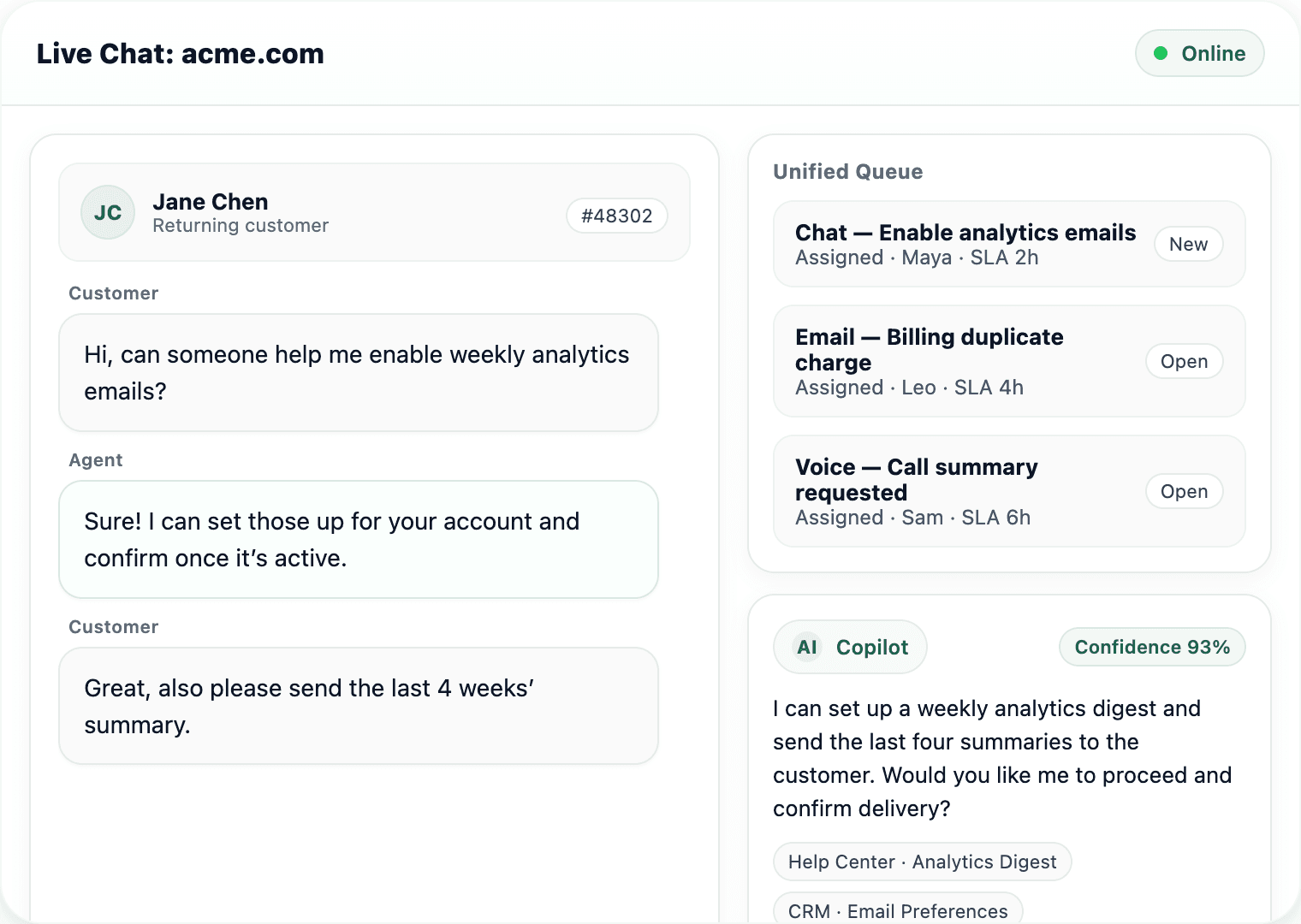 Live chat workspace with unified queue and AI Copilot assistance