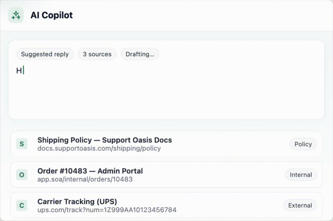 AI copilot side panel suggesting a reply with sources and an Insert button