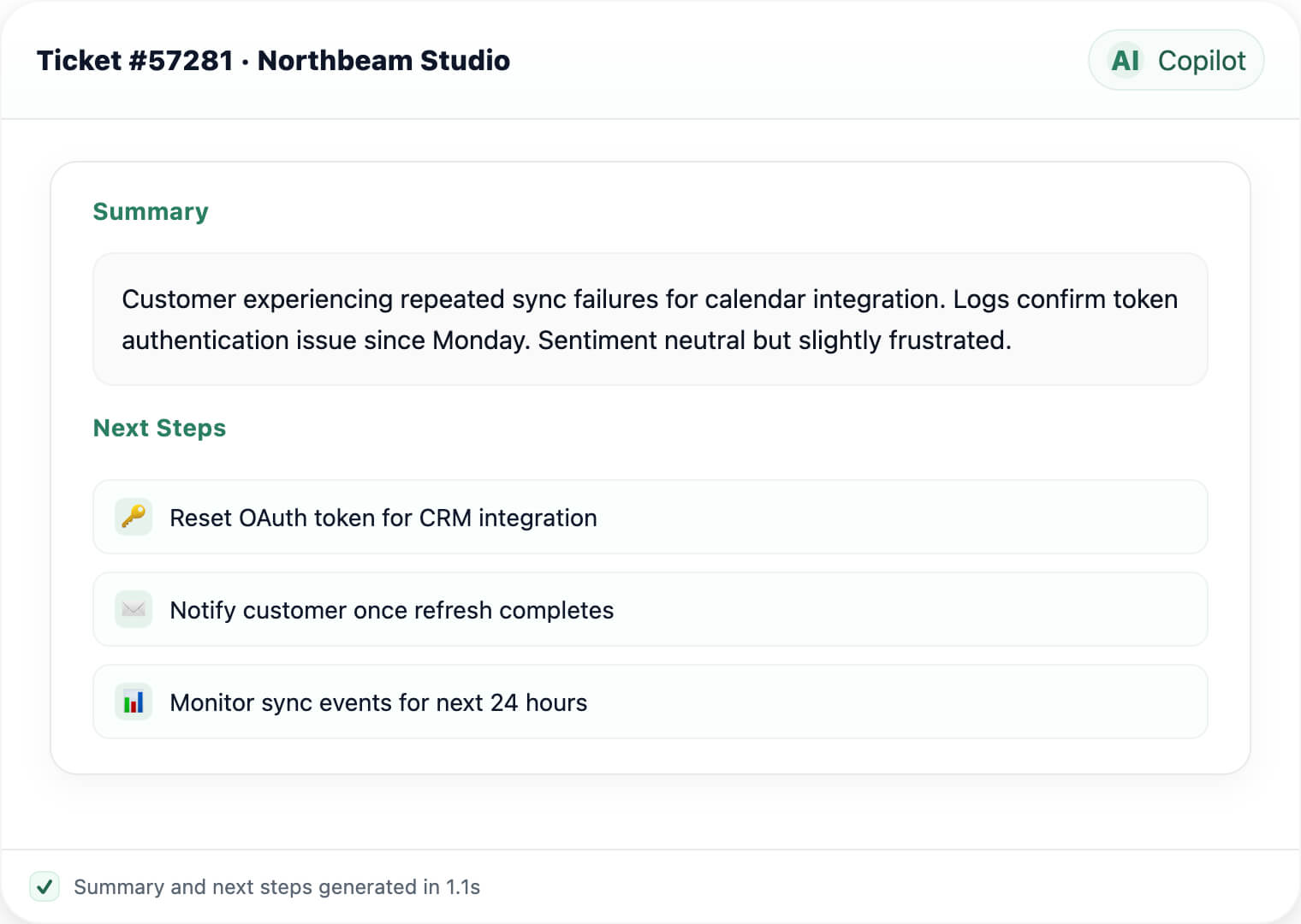 Thread summary card with blockers, sentiment, and recommended actions