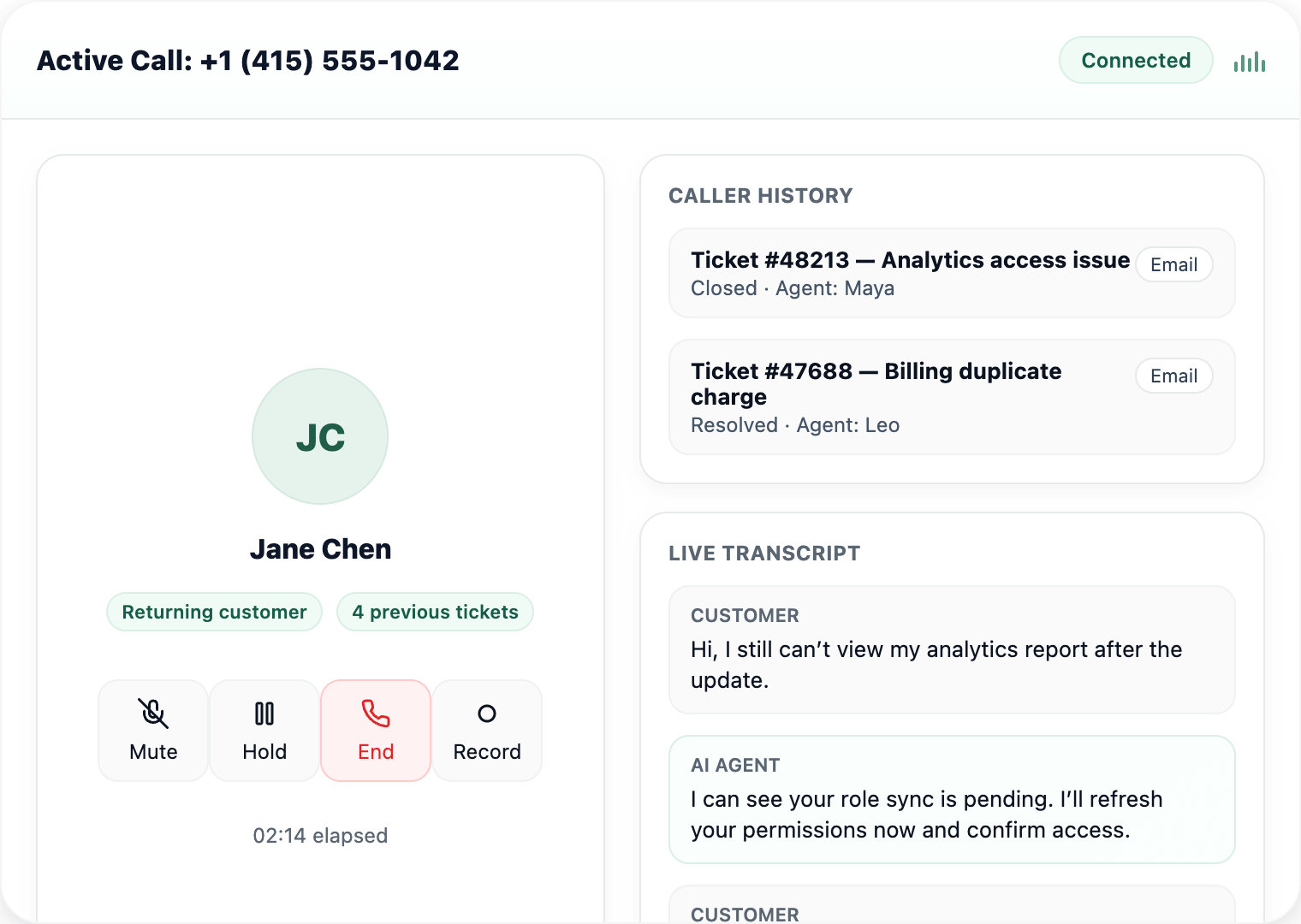 Voice support workspace with transcript and caller history