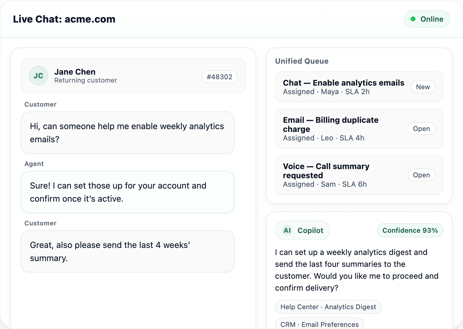 Live chat and support inbox in Support Oasis