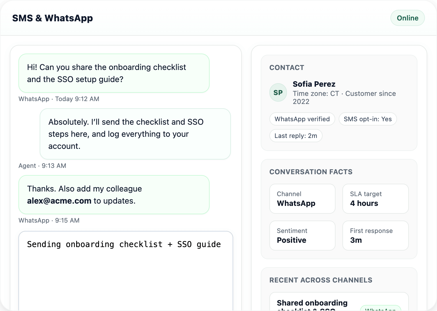 SMS and WhatsApp conversation view with customer context and SLA details