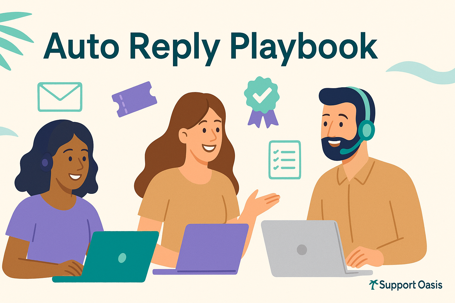 Happy agents show helpdesk auto reply with email, ticket, checklist, and resolution icons.