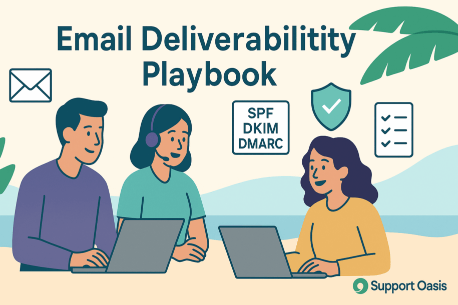 Support email deliverability diagram with SPF, DKIM, DMARC icons and cheerful support agents.