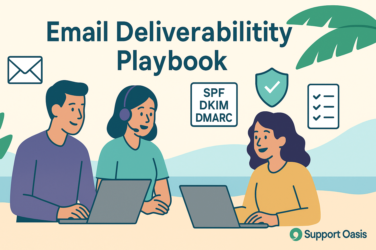 Support email deliverability diagram with SPF, DKIM, DMARC icons and cheerful support agents.