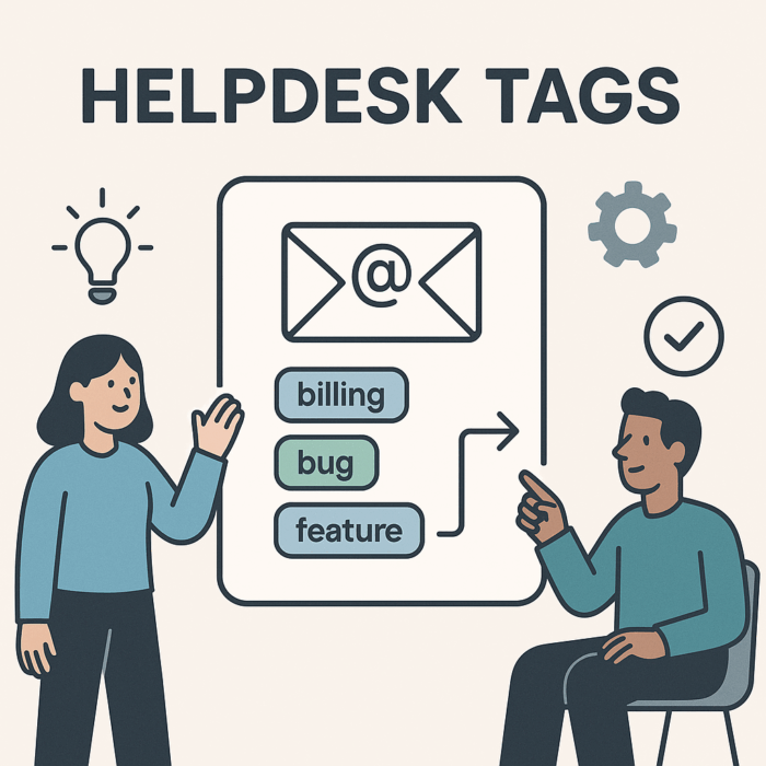 Helpdesk tags shown as color coded chips routing tickets from triage to resolution in a simple workflow diagram.