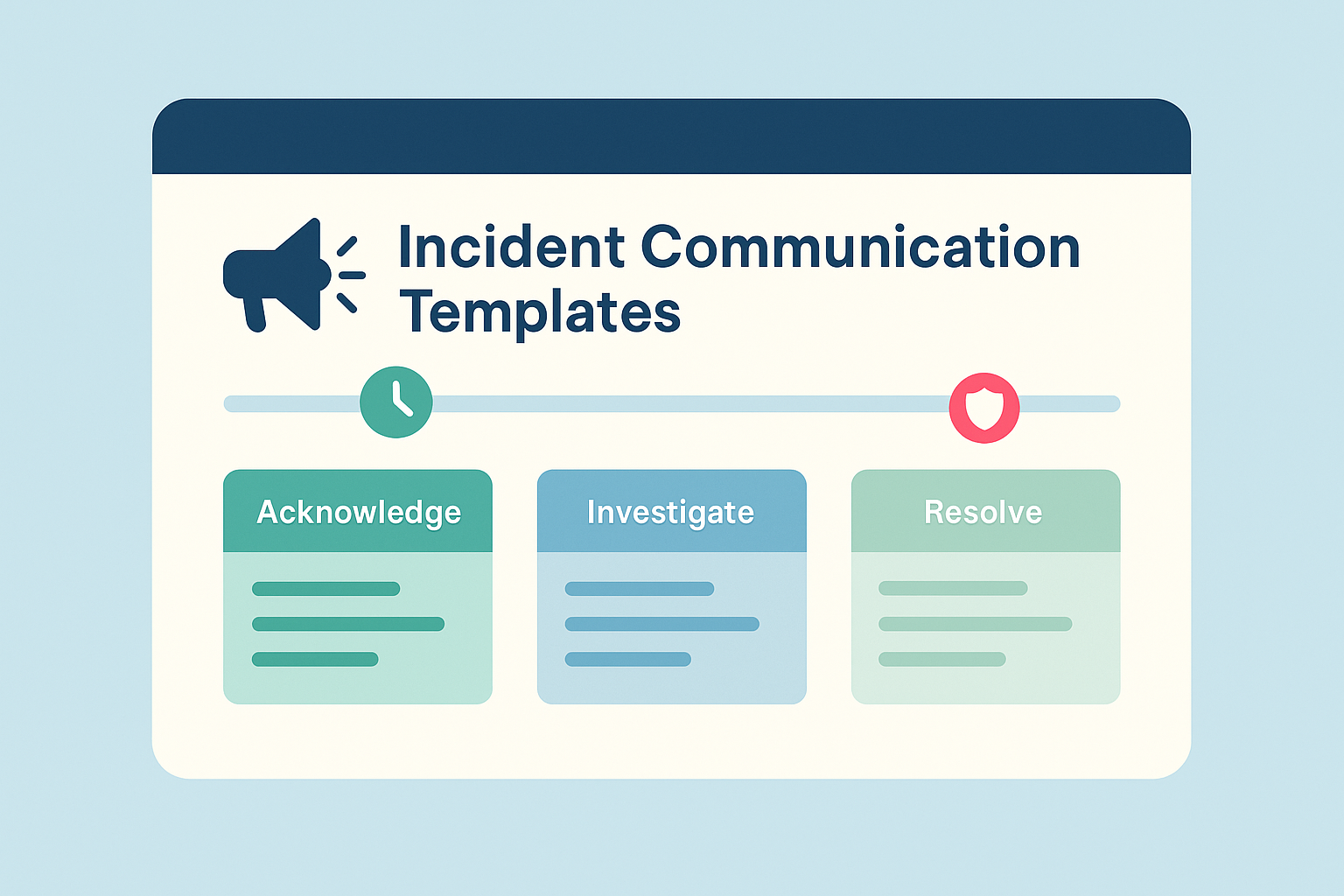 Incident communication templates showing a staged timeline with acknowledge, investigate, and resolve cards for clear customer updates.