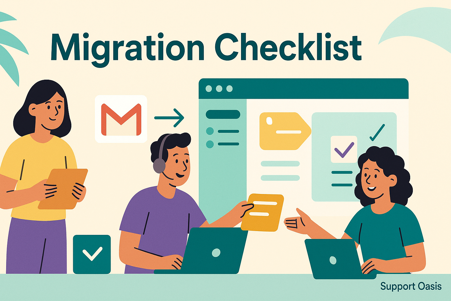 Helpdesk migration checklist moving Gmail emails into a helpdesk with tags and checklists.