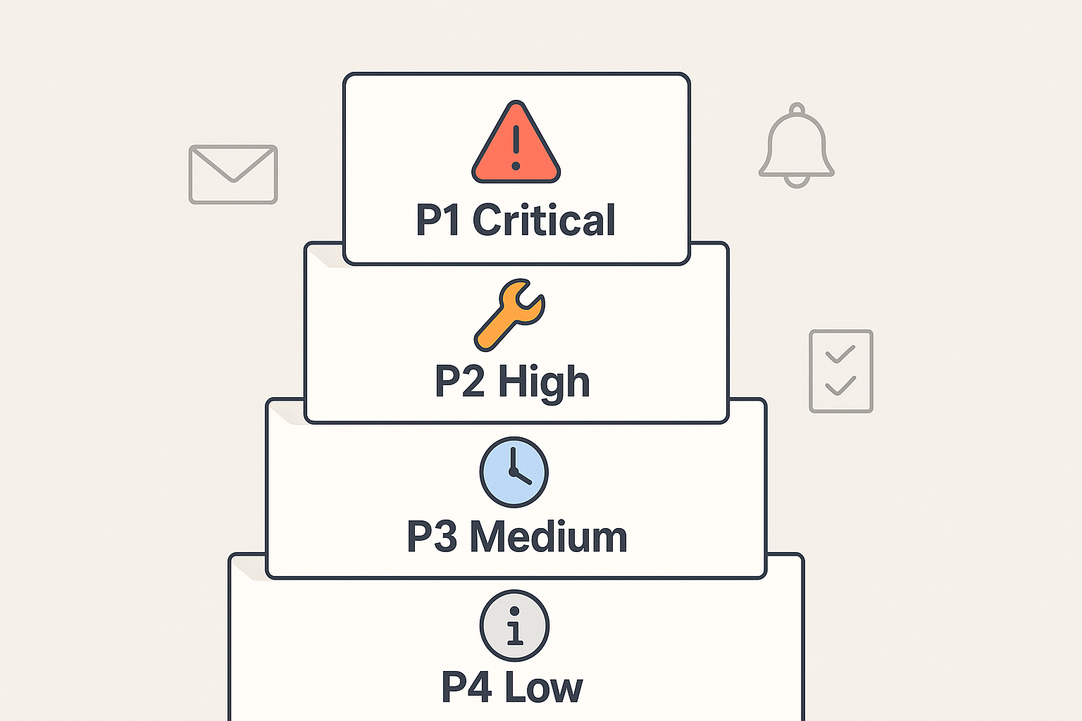 Ticket priority levels ladder from P1 critical to P4 low with centered icons and clear labels