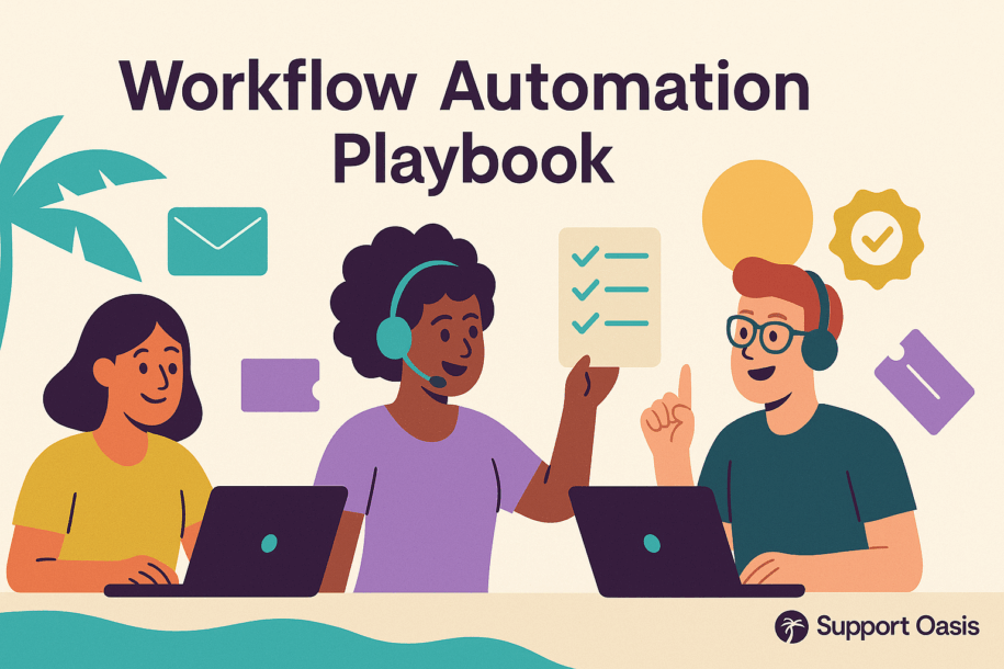 Happy team shows helpdesk workflow automation with emails, tickets, checklists, and resolution icons.