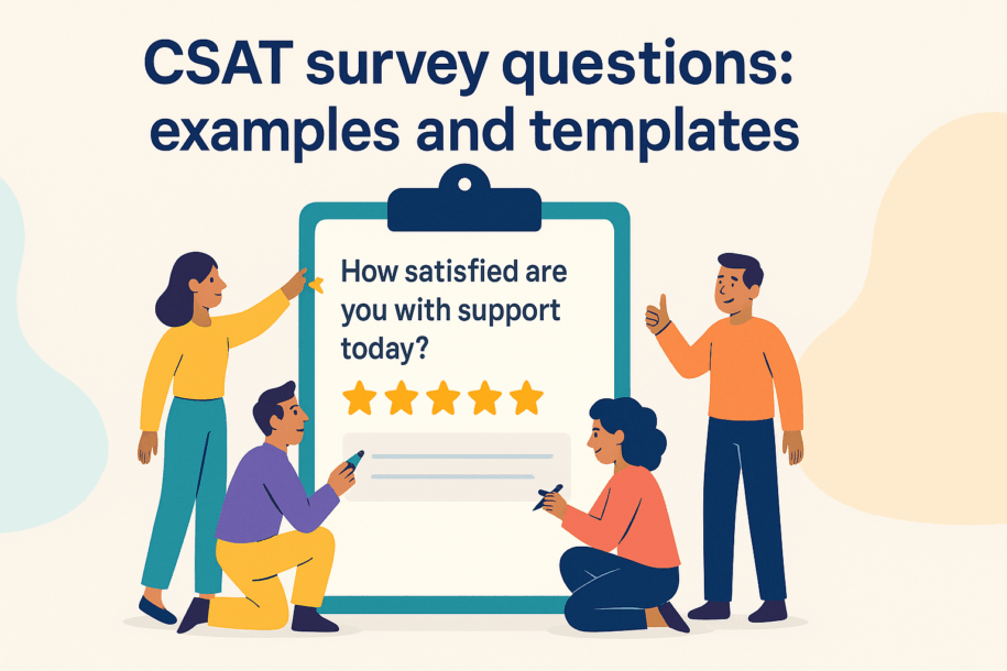 Colorful title image for “CSAT survey questions: examples and templates” with a centered survey clipboard showing a 5-star scale, surrounded by cartoon people selecting stars and adding a short comment.