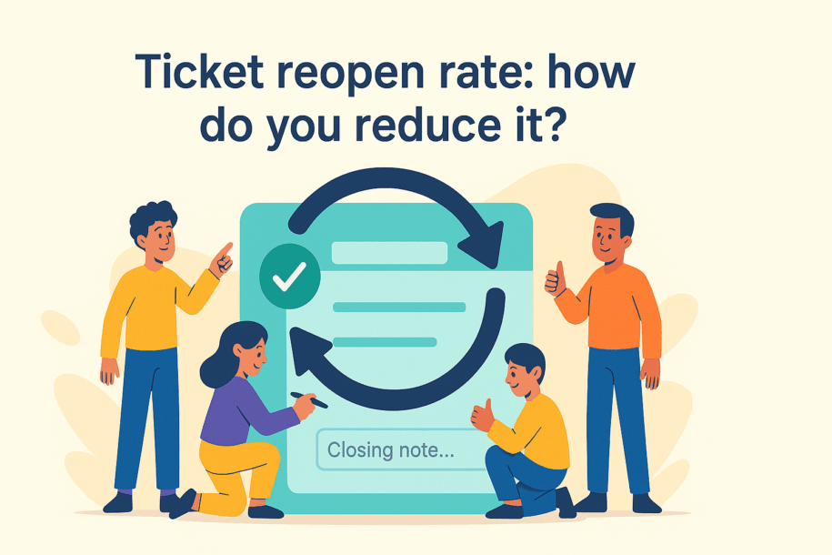 Colorful title image for “Ticket reopen rate: how do you reduce it?” featuring a large ticket card with a circular arrow to show reopen and three cartoon people interacting around it.